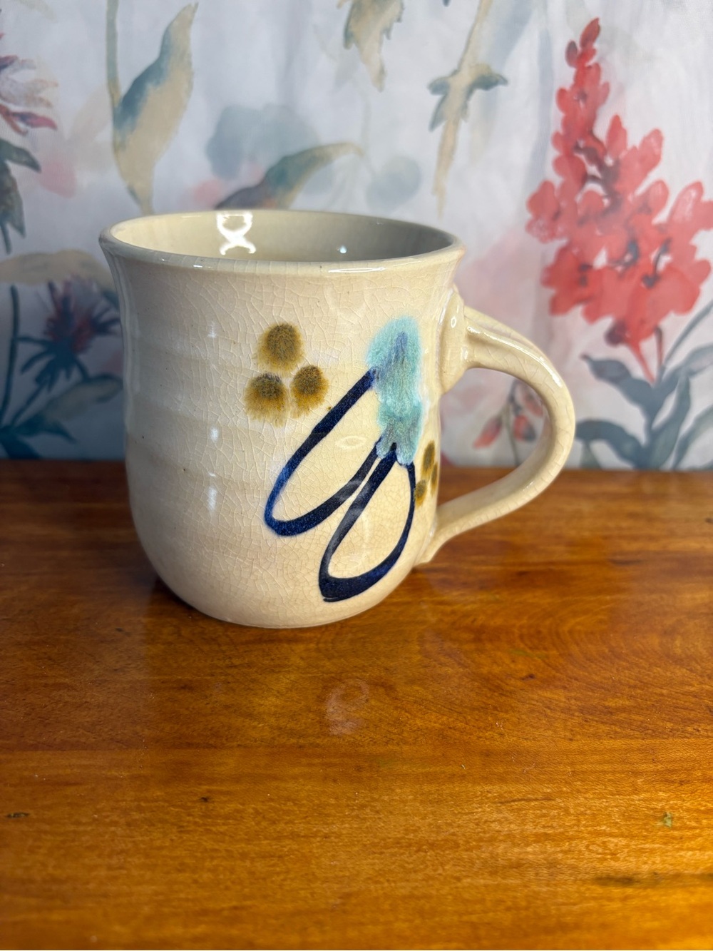 Vintage Handcrafted Cream Ceramic Mug with Blue & Olive Floral Accent